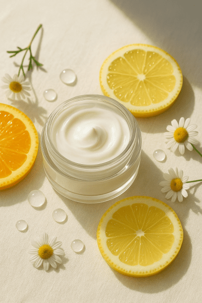 Luminous jar of eye cream surrounded by citrus, hyaluronic acid droplets, and chamomile on a soft linen background.