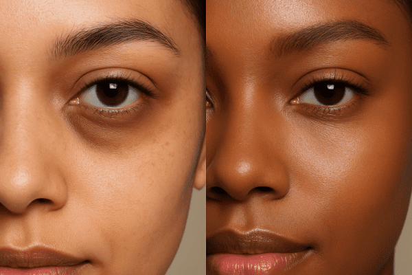 Side-by-side close-up of under eyes: one with dark circles, one visibly brightened, on models with different skin tones.