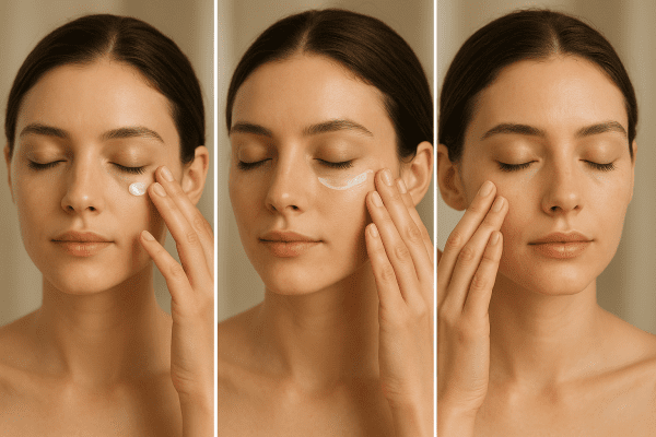 Hands demonstrating step-by-step under eye cream application and massage on a serene model.