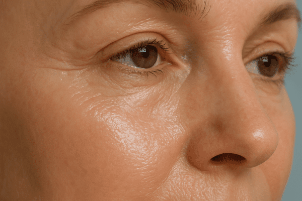 Macro close-up of dewy, hydrated under eye skin with less puffiness and softened wrinkles.