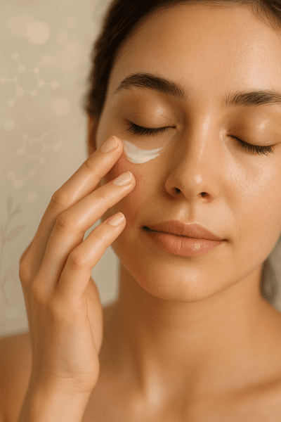 Close-up of a woman gently patting under eye moisturizer, highlighting dewy, hydrated skin in a serene, botanical-inspired setting.