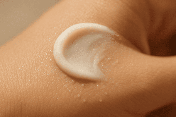 Macro shot of under eye moisturizer partially absorbed on a hydrated hand, with visible shimmer and smooth texture.