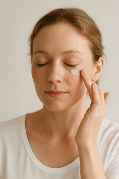 A woman with sensitive, fair skin delicately applies fragrance-free under eye cream in a softly lit, minimalist environment.