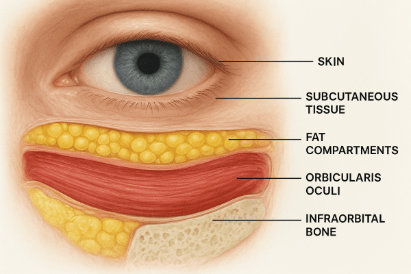 Precise cross-sectional diagram of the lower eyelid, showing separated anatomical layers from skin to bone.