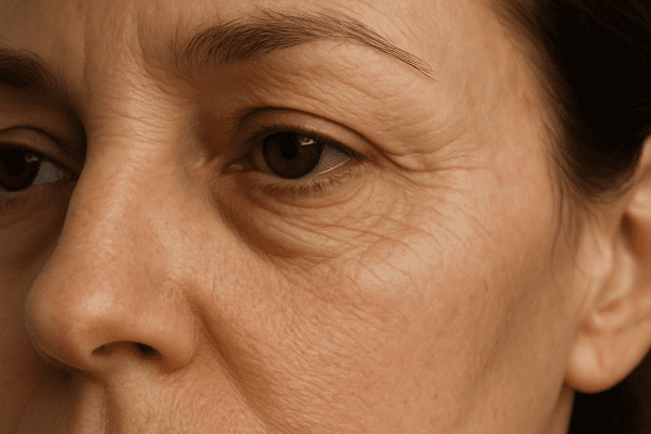 Unretouched close-up photo of under eye skin with visible wrinkles and puffiness.