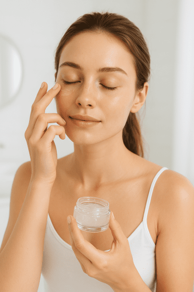 Photorealistic scene of a woman applying clear gel under her eyes in a modern bathroom.