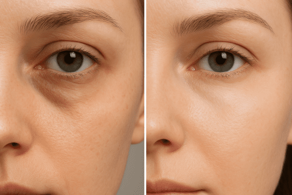 Split clinical photo showing lower eyelid before and after cosmetic filler.