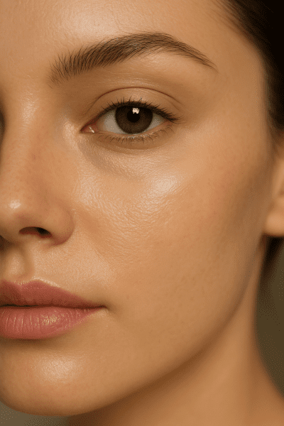 Close-up of under-eye area with concealer perfectly blended into hydrated, luminous skin.