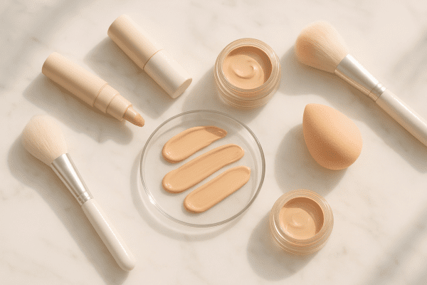 Flat lay of dewy concealer tubes, pots, swatches, brushes and beauty sponge on a marble vanity.