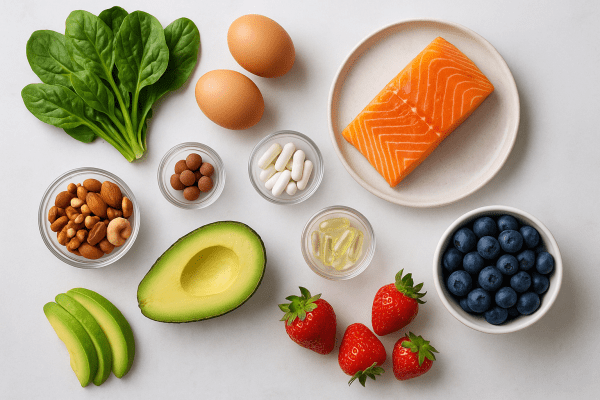 Flat lay of fresh nutrient-rich foods and vitamins for healthy hair, arranged artfully on a neutral surface.