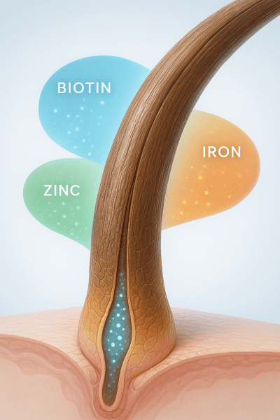 Macro view of a hair strand cross-section with glowing nutrient particles entering the follicle.