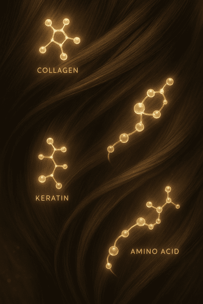 Shiny hair strands intertwined with glowing molecular structures representing key proteins.