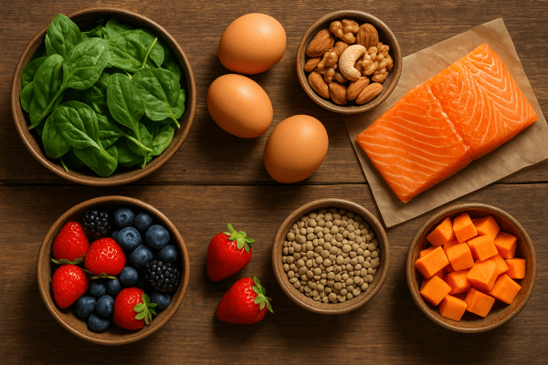 Vibrant foods high in hair-healthy nutrients arranged on a rustic wooden table.