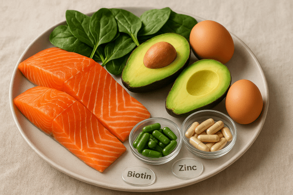 A vivid, clean arrangement of salmon, avocado, spinach, eggs, and vitamin supplements on a pale platter.