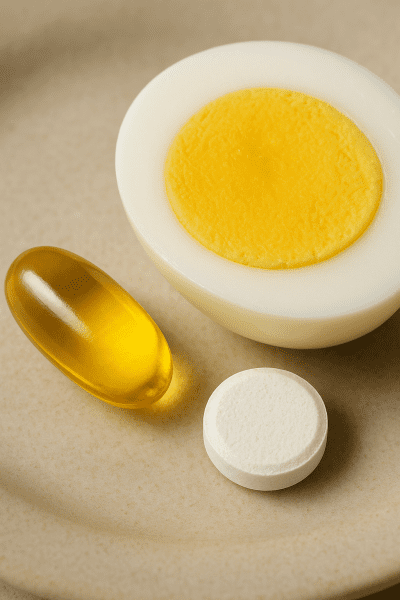 Macro shot of biotin capsules, zinc tablets, and egg halves, highlighting textures.