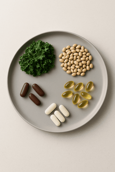 Flat lay of iron, magnesium, vitamin D supplements, and greens on a clean plate.
