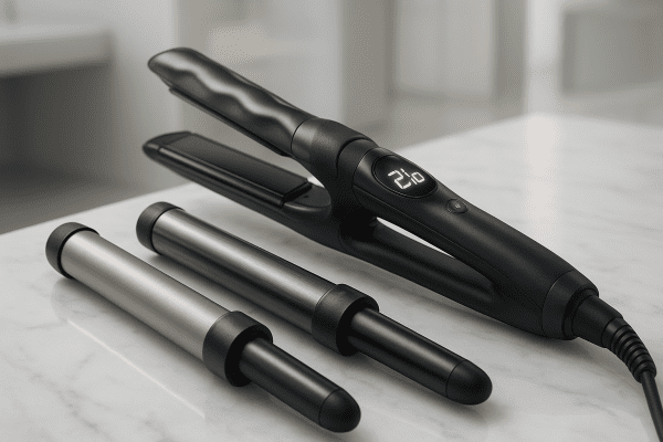 Premium wavy hair iron on marble, showing ceramic, titanium, and tourmaline barrels, ergonomic handle, illuminated temperature dial, and safety features.