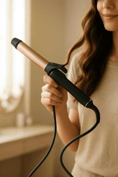 Woman using a wavy hair iron with a flexible, tangle-free swivel cord, ergonomic handle in hand, in a modern, softly-lit vanity setting.