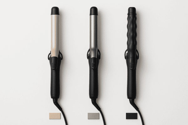 Three wavy hair irons in flat lay: ceramic, titanium, and tourmaline plates; round, oval, and deep wave barrels on pure white.