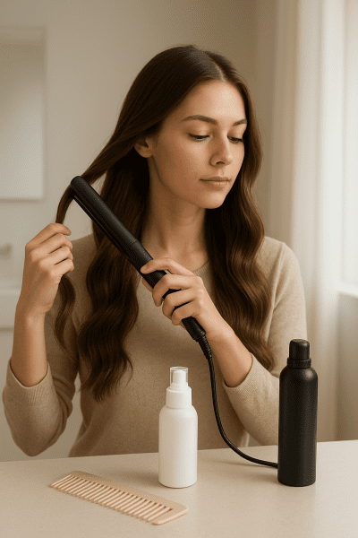 Person styling long hair with a wavy iron, using heat protectant, mousse, and comb; hair sectioned for best results in a clean bathroom.