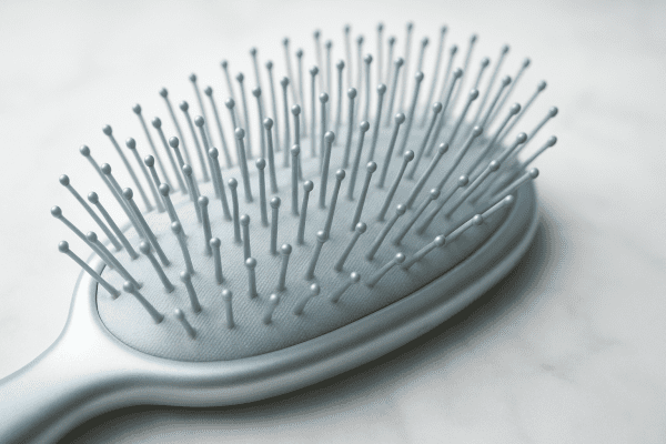 Extreme macro of nylon bristles and air-cushioned base on a premium wet hair brush, pristine, on pale marble.