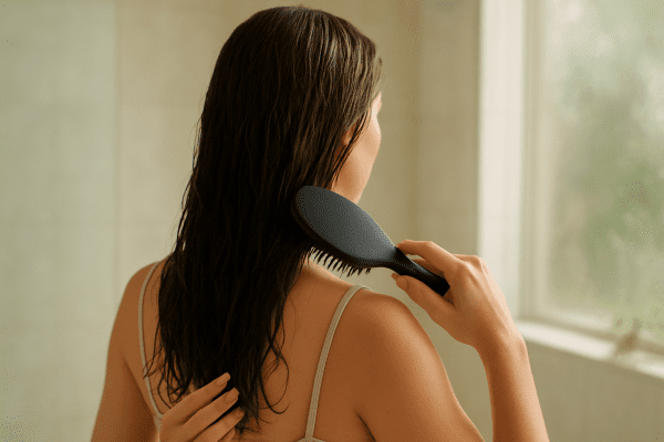 Woman gently detangling wet, wavy hair with a wet brush in a sunlit, modern bathroom.
