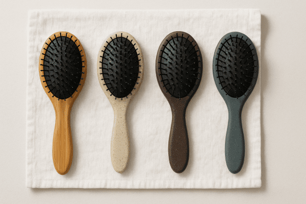 Flat lay of four eco-friendly wet hair brushes with ergonomic handles on a white linen towel.
