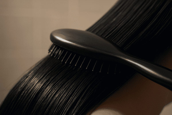 Side macro of a wet brush gliding through damp, glossy black hair, showing smooth detangling.