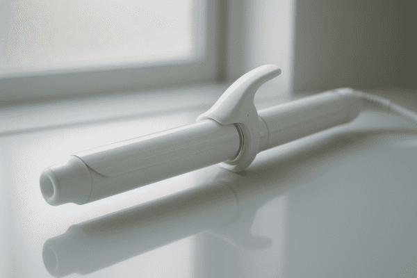 Elegant close-up of a white ceramic curling iron on a reflective minimalist vanity.