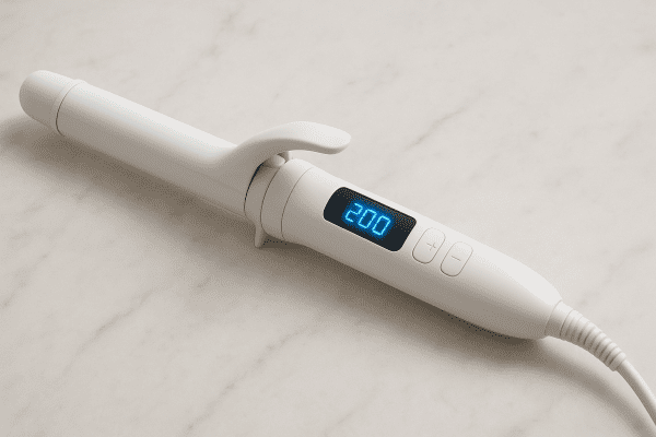 White curling iron with blue-lit digital heat display on a marble counter.