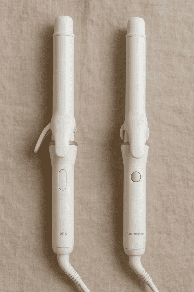 Two white curling irons, ionic and tourmaline, with distinct accent details on linen.