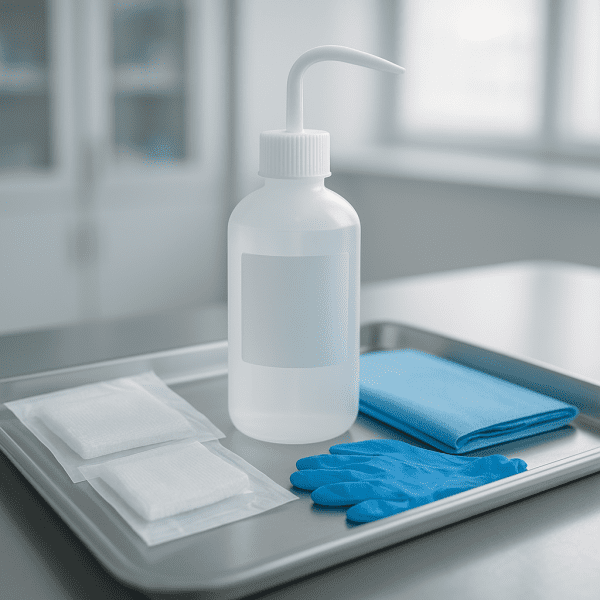 Sterile wound wash bottle with ingredient-only label, surrounded by clinical tools in a well-lit laboratory.