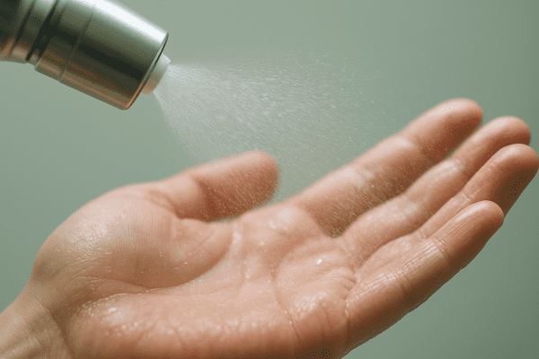Macro image of wound wash mist spraying onto a clean palm in a sanitized, softly colored setting.