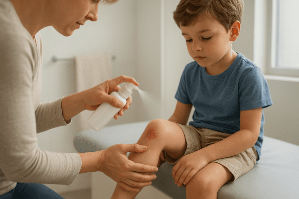 Adult gently applying saline spray to a child\u2019s scraped knee in a bright, clean bathroom setting.