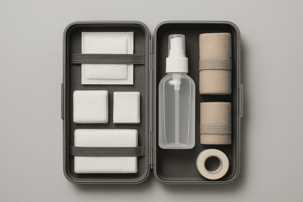 Organized first aid kit with wound wash and supplies, arranged on a clean, matte gray surface.