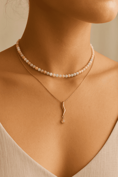 Close-up of layered gold, beaded, and gemstone pendant necklaces on a model's neck.