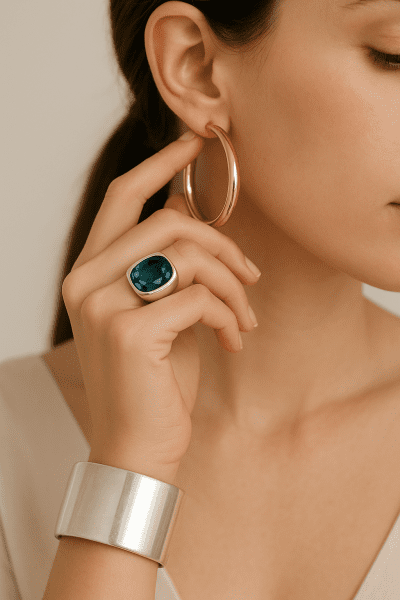 Close-up of hand adjusting oversized hoop earring, wearing a cuff bangle and gemstone ring.