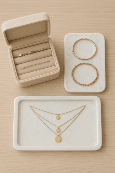 Velvet jewelry box and marble trays displaying jewelry on a wood vanity.