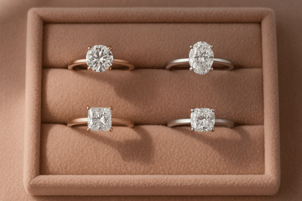 Multiple affordable diamond rings of various carats and cuts on a blush velvet tray with natural light.
