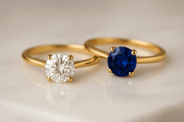 Close-up of moissanite and sapphire engagement rings with gold bands on white marble.
