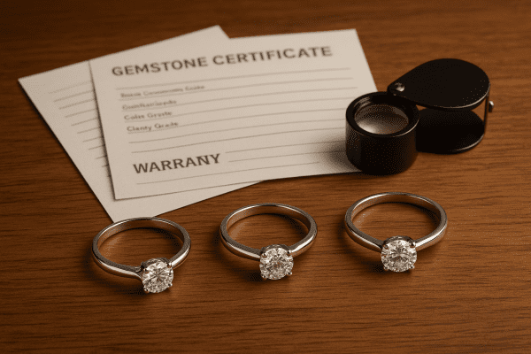 Affordable engagement rings with certificates and warranties on a walnut desk.