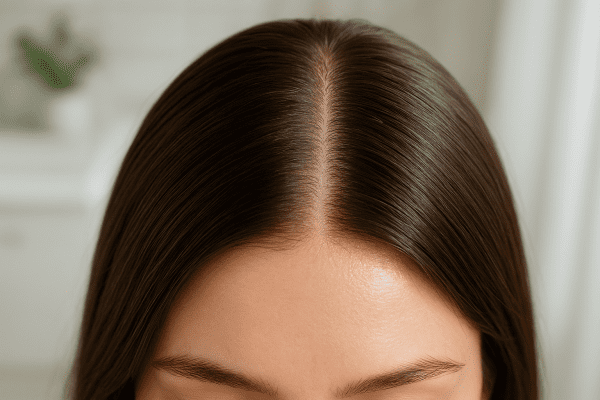 Detailed view of a shiny, healthy scalp and hair, parted to show clear, hydrated skin.