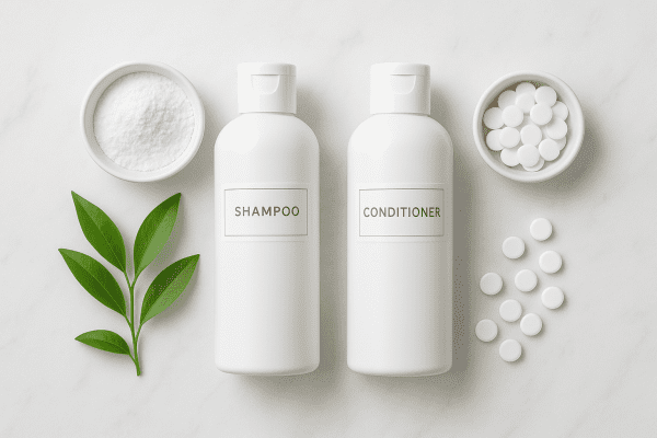 Neatly arranged anti-dandruff products and natural ingredients on a marble background.