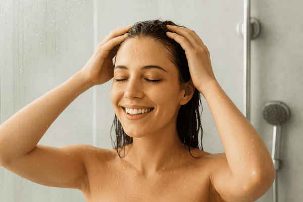 Person gently massaging scalp in a bright, steamy shower, looking relaxed.