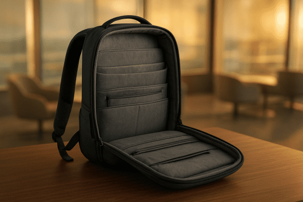 A premium open travel backpack on a walnut table, showing memory-foam straps, a plush laptop sleeve, and organized carry-on pockets in an elegant lounge-inspired setting.