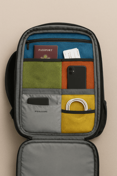 Travel backpack with mesh dividers, zippered pockets, RFID-blocking sleeve, and essentials like a passport and phone all neatly arranged.