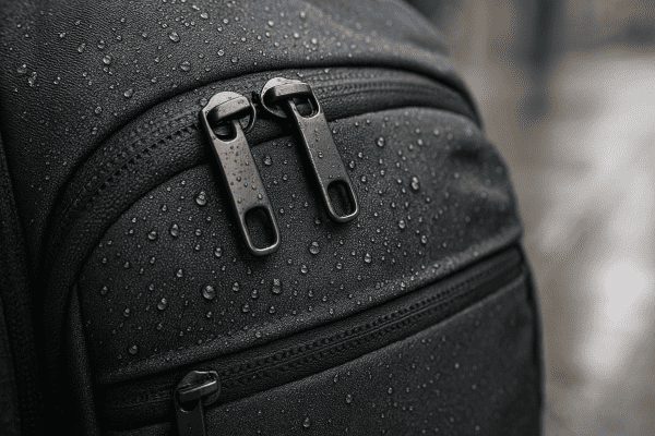Close-up of backpack's water-resistant fabric, weather-sealed zippers, and expandable gusset with water droplets and an urban background.