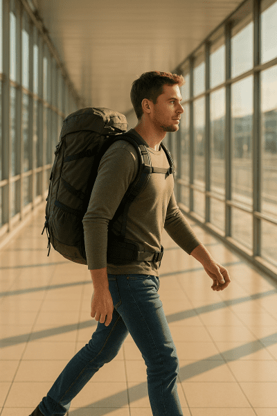 Traveler walking in a bright glass terminal, wearing a loaded ergonomic backpack with padded straps and hip belt.