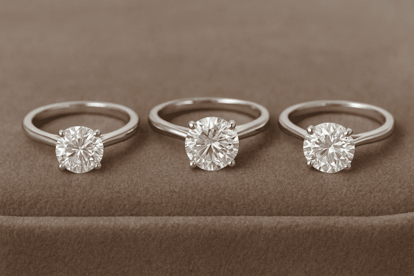 Three engagement rings moissanite, diamond, and lab-grown diamond on a taupe velvet cushion displaying their carat differences.
