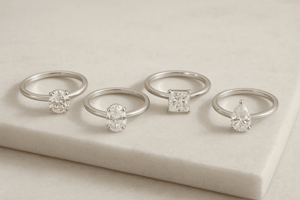 Four affordable engagement rings with round, oval, princess, and pear gemstones, arranged on a pale marble slab.